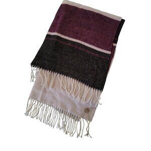 Calvin Klein Striped Acrylic Scarf With Fringe Detail In Plum Black & White